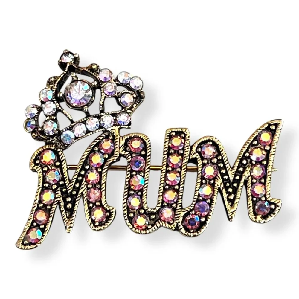 Kirks Folly Brooch MUM AB Rhinestone Crown Gold Tone - 1C